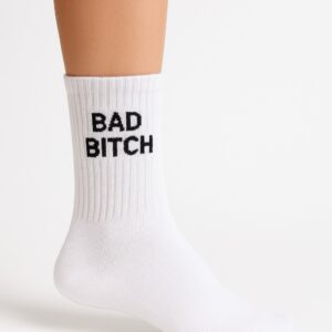 Beyaz BAD BITCH Yazılı Desenli Çorap