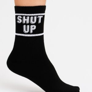 Siyah Shut Up Yazılı Desenli Çorap