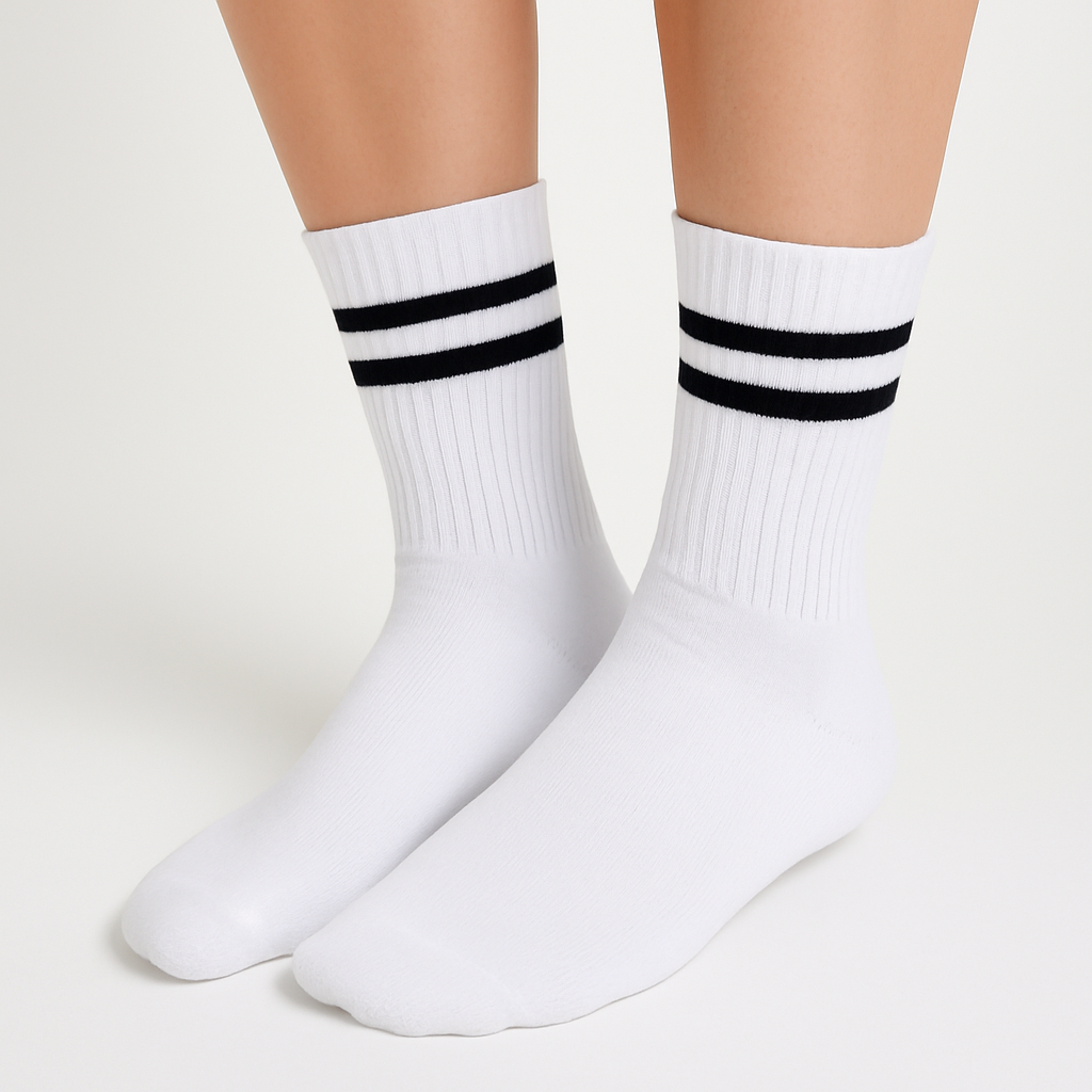 Beyaz Siyah Çift Şerit Desenli Çorap - Görsel 2
