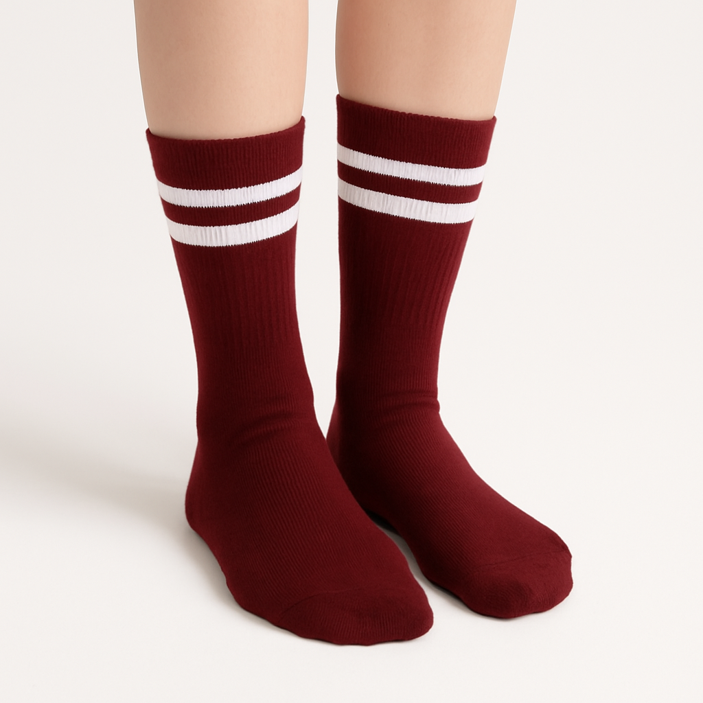 Bordo Beyaz Çift Şerit Desenli Çorap - Görsel 3